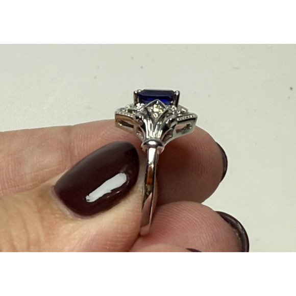 14K Art Deco Style White Gold Lab Created Blue Sapphire Ring 3.24grams Size 6.5 - Picture 8 of 9